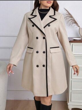Beige Double-Breasted Pea Coat with Black Trim